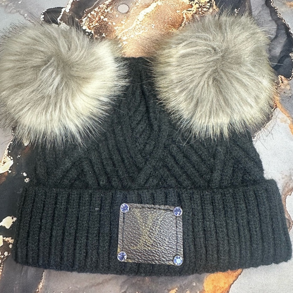 Gil's Pom Pom Beanie Authentic Up Cycled Louis Vuitton Patch Beanie